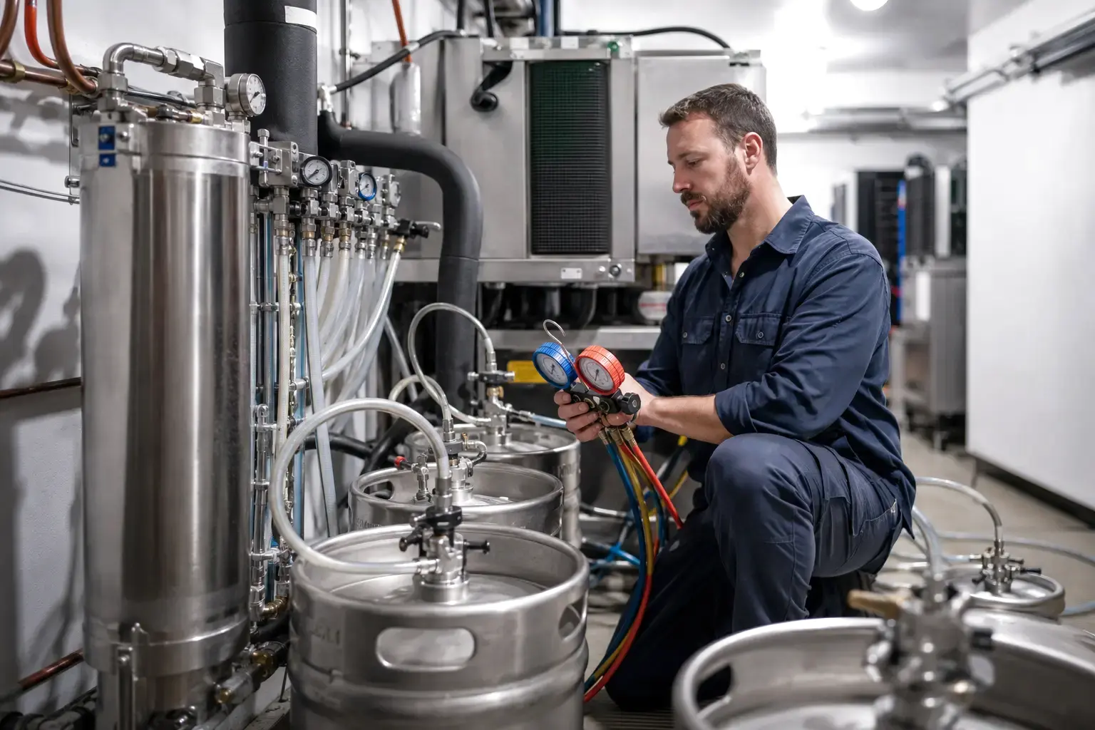 Technician servicing a commercial beer and glycol system