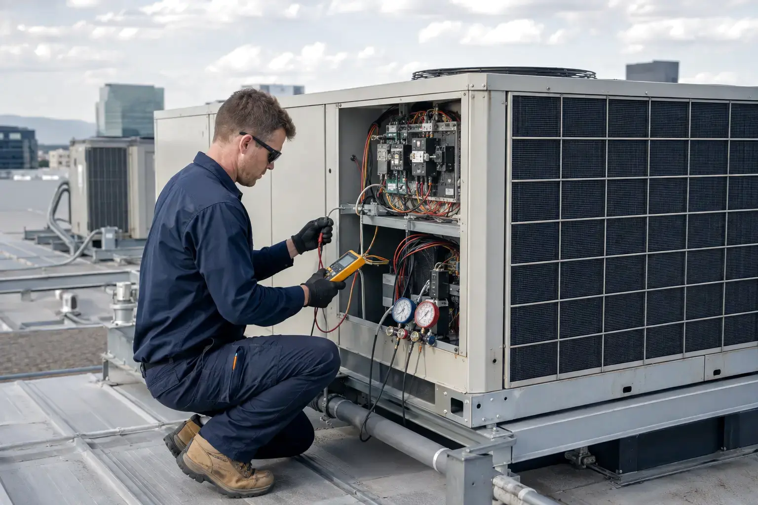 Technician servicing commercial rooftop air conditioning equipment