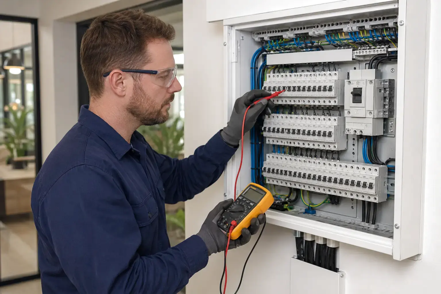 Electrician testing a commercial electrical switchboard
