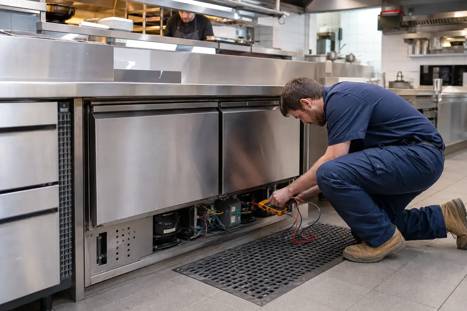Technician servicing commercial refrigeration equipment
