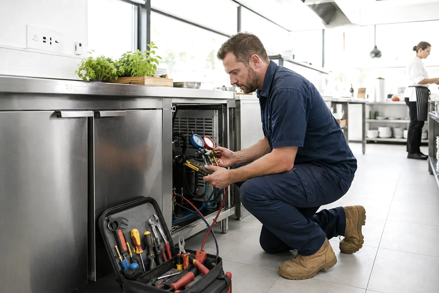 Technician responding to a commercial refrigeration breakdown
