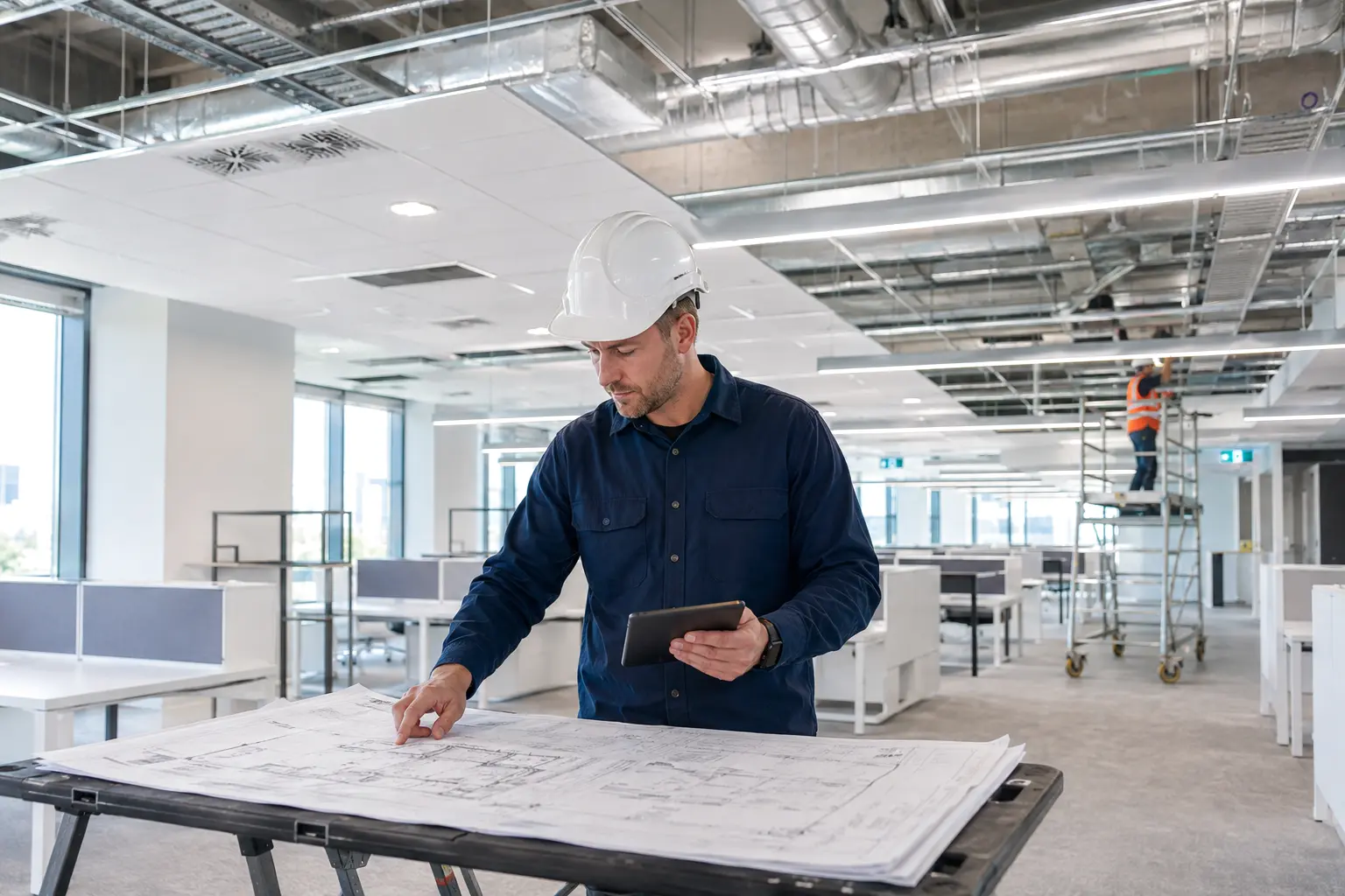 Mechanical engineer inspecting commercial building services