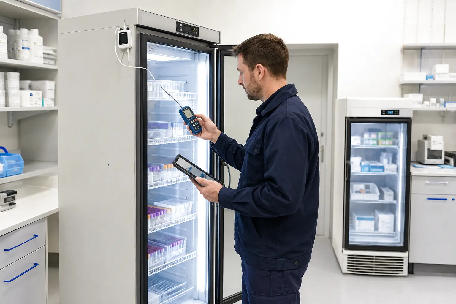 Technician testing a purpose-built medical refrigerator