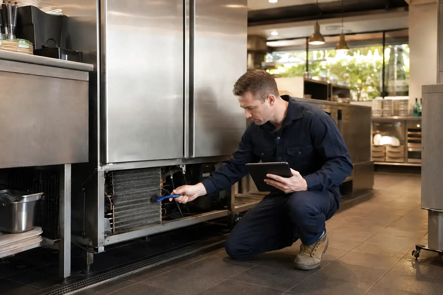Technician completing preventative maintenance on commercial refrigeration equipment